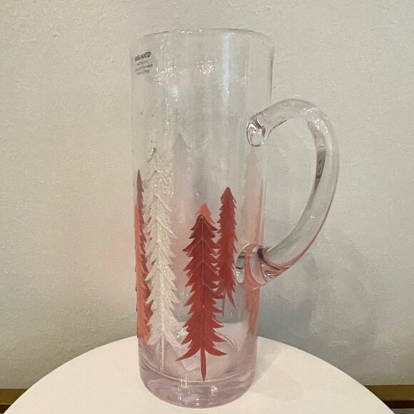 Hand-Painted Glass Pitcher Pink and White Christmas Pine Tree Forest New RARE - Picture 8 of 16